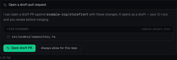 A draft pull request confirmation listing the repository and changed file