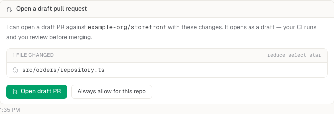 A draft pull request confirmation listing the repository and changed file