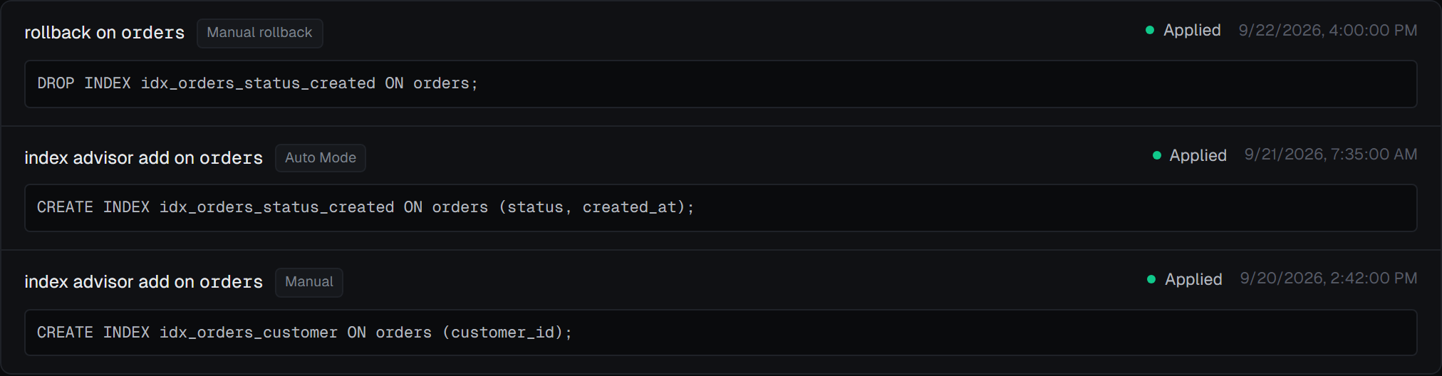 A database’s audit trail listing each write attempted, what triggered it and the SQL it ran.