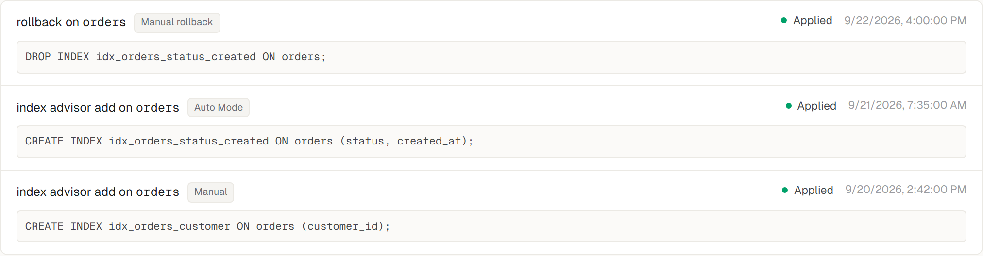 A database’s audit trail listing each write attempted, what triggered it and the SQL it ran.