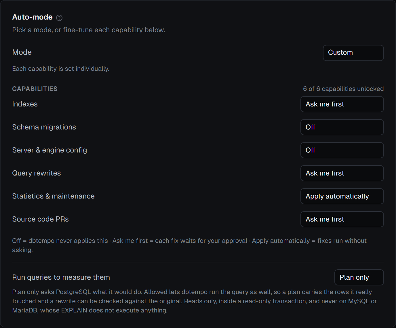 A project’s auto-mode settings: each kind of change set to Off, Ask me first or Apply automatically.