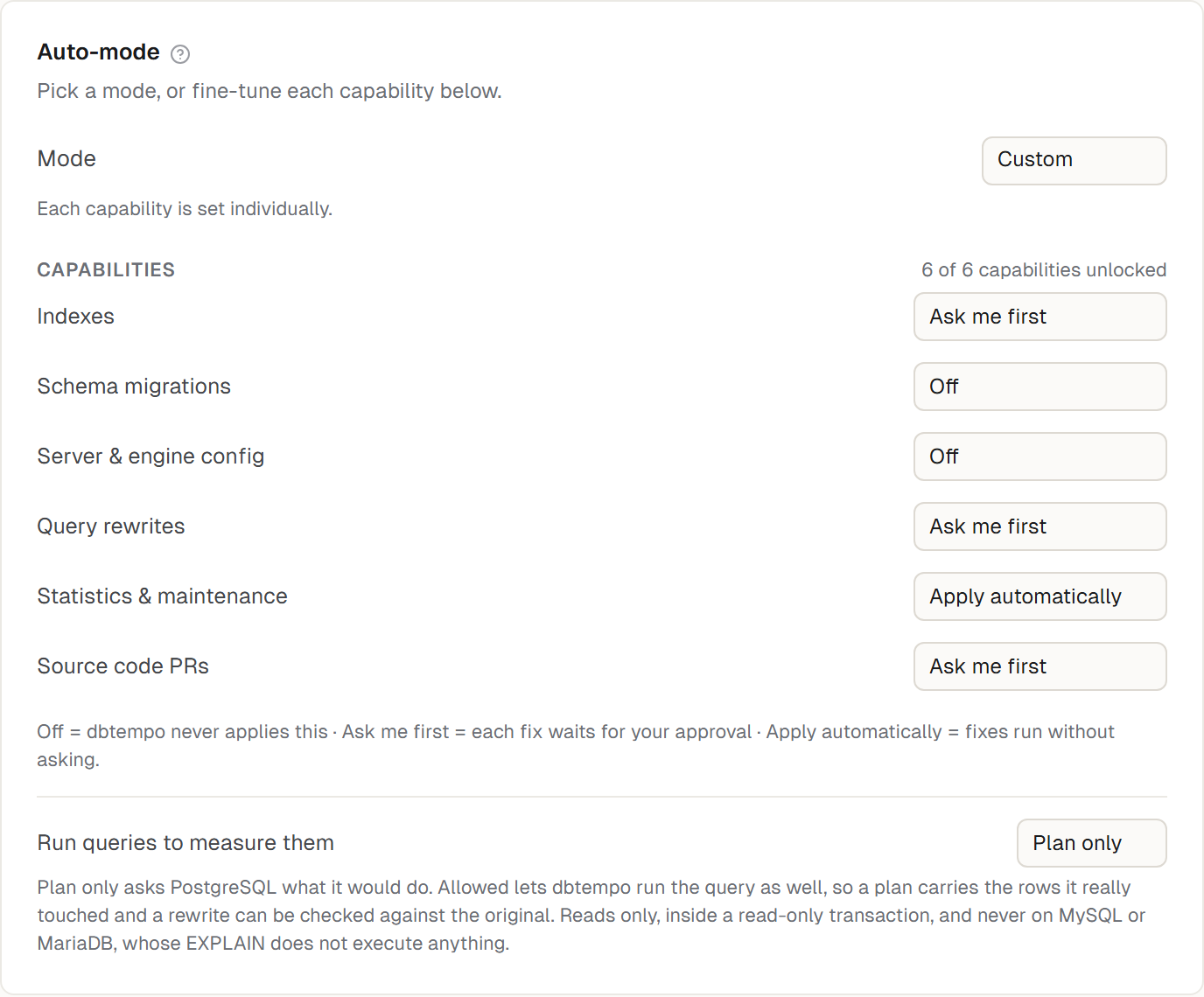 A project’s auto-mode settings: each kind of change set to Off, Ask me first or Apply automatically.