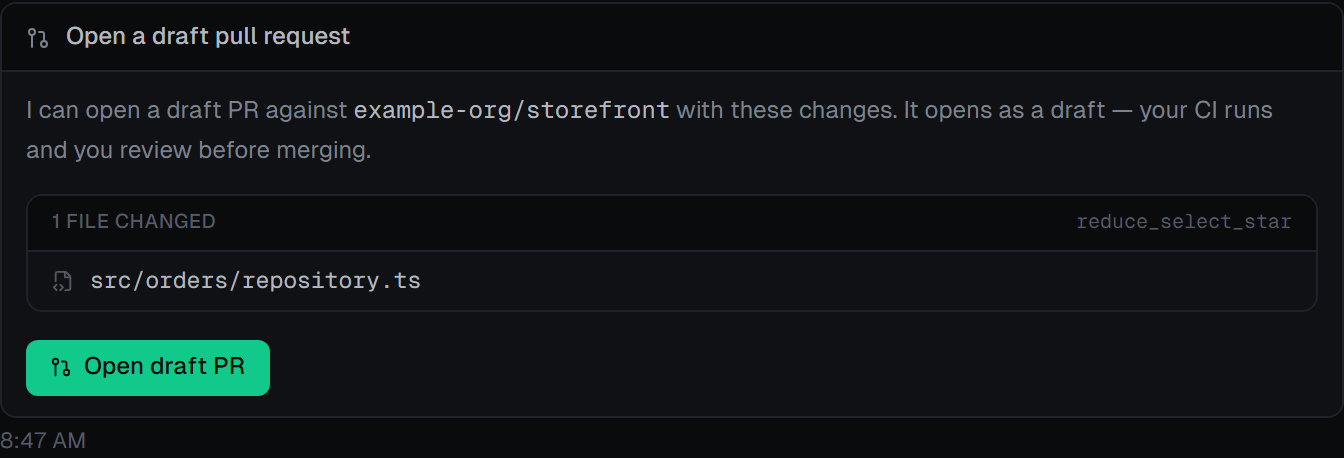 The draft pull request card in a thread, listing the repository and the file the fix changes.