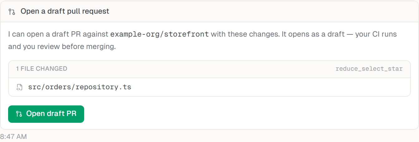 The draft pull request card in a thread, listing the repository and the file the fix changes.