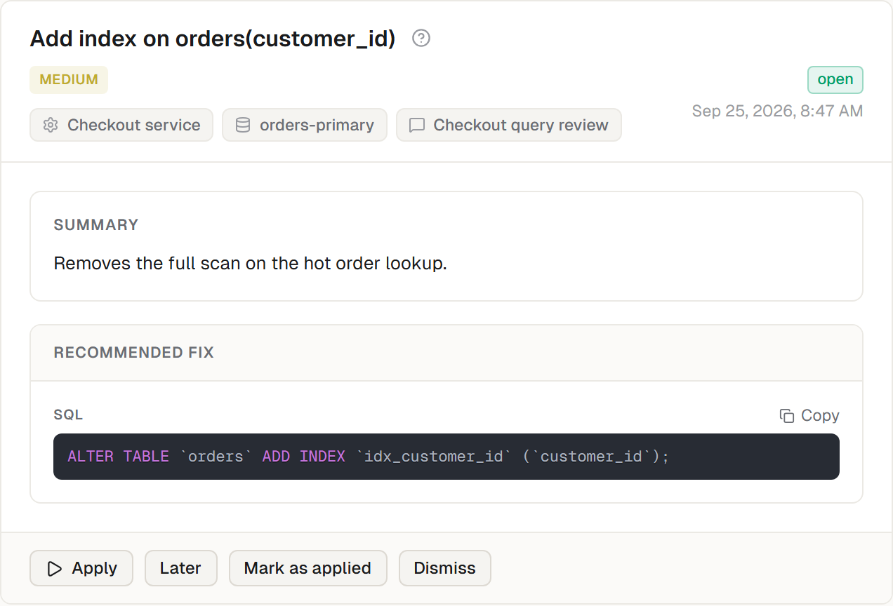 A recommendation awaiting approval, with its SQL and the Apply, Later and Dismiss actions.